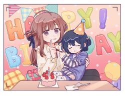 Rule 34 | 2girls, aged down, ahoge, artist request, balloon, birthday cake, black ribbon, blue hair, blush, box, brown hair, cake, cake slicer, child, closed eyes, commentary request, commission, dress, finger to mouth, food, fruit, gift, gift box, hair ribbon, happy birthday, hat, highres, indoors, long hair, long sleeves, looking at viewer, miyagi shiori, multiple girls, parted lips, party hat, purple dress, purple eyes, ribbon, second-party source, sendai hazuki, shushing, shuuniichido classmate wo kau hanashi, sitting, sitting on lap, sitting on person, strawberry
