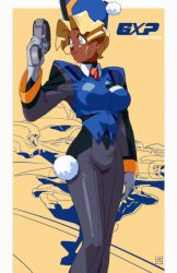 Rule 34 | 1990s (style), 1girl, absurdres, blonde hair, breasts, commentary, dark-skinned female, dark skin, earrings, english commentary, feet out of frame, finger on trigger, garrison cap, gloves, gun, handgun, hat, highres, holding, holding gun, holding weapon, jewelry, kuramitsu mihoshi, large breasts, outside border, overlord jc, pants, retro artstyle, curtained hair, solo, standing, stud earrings, tenchi muyou!, tenchi muyou! gxp, uniform, weapon, white gloves