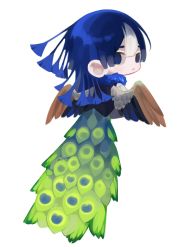 Rule 34 | androgynous, bird tail, blue eyes, blue hair, chibi, feathered wings, from behind, frown, full body, heart, looking at viewer, looking back, lowres, multicolored hair, original, peacock feathers, personification, simple background, solo, streaked hair, tail, uhui, white background, white hair, wings