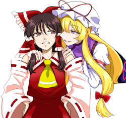Rule 34 | 2girls, ascot, blonde hair, bow, brown eyes, brown hair, commentary request, detached sleeves, dress, gap (touhou), hair bow, hair tubes, hakurei reimu, hands on another&#039;s shoulders, hands on own hips, hat, hat ribbon, long hair, mob cap, multiple girls, nontraditional miko, oni tama, purple eyes, red skirt, red vest, ribbon, skirt, tabard, touhou, vest, white background, white dress, wide sleeves, yakumo yukari, yellow ascot, yuri