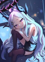 Rule 34 | 1girl, absurdres, ahoge, black horns, black skirt, black thighhighs, blue archive, closed mouth, collared shirt, demon horns, flat chest, halo, highres, hina (blue archive), horns, long hair, looking at viewer, multiple horns, pencil skirt, purple eyes, revision, shirt, skirt, sleeveless, sleeveless shirt, smile, solo, ssalyun, thighhighs, very long hair, white hair, white shirt
