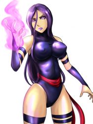 Rule 34 | 10s, 1girl, bhm, breasts, covered erect nipples, elbow gloves, female focus, fingerless gloves, gloves, large breasts, leotard, lips, long hair, marvel, psylocke, purple eyes, purple hair, sash, simple background, skin tight, solo, thigh strap, x-men