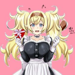 Rule 34 | 1girl, apron, artist name, blonde hair, blue eyes, blush, box, breasts, buttons, chocolate, collarbone, dated, flying sweatdrops, gambier bay (kancolle), gift, gift box, hair between eyes, heart-shaped box, holding, holding gift, kantai collection, large breasts, long hair, long sleeves, open mouth, pink background, signature, simple background, solo, tk8d32, twintails, upper body, valentine, white apron