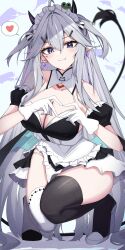 Rule 34 | 1girl, absurdres, animal, animal on head, asymmetrical legwear, black eyes, black horns, black thighhighs, breasts, cleavage, closed mouth, commentary, dress, drop earrings, earrings, fang, finger heart, frog, gloves, grey hair, hair between eyes, heart, highres, horns, indie virtual youtuber, jewelry, large breasts, long hair, looking at viewer, maid, maid headdress, on head, pointy ears, smile, solo, spoken heart, squatting, strapless, strapless dress, tail, thighhighs, thighs, touko (toko12 tooko), vei (vtuber), very long hair, virtual youtuber, white dress, white gloves, white thighhighs