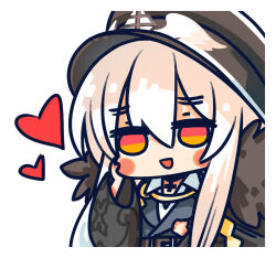 Rule 34 | 1girl, :d, aiguillette, black hat, black jacket, blush stickers, chibi, chinese commentary, choker, coat, commentary request, cross, fur-trimmed coat, fur trim, girls&#039; frontline, hair between eyes, hand on own cheek, hand on own face, hat, heart, highres, iron cross, jacket, kar98k (girls&#039; frontline), long hair, long sleeves, official art, open mouth, orange eyes, peaked cap, red eyes, simple background, smile, solo, su xiao jei, two-tone eyes, upper body, white background, white hair