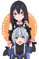 Rule 34 | 2girls, animal ear headphones, bare shoulders, black hair, blue shirt, blush, brown eyes, cat ear headphones, claw pose, collarbone, colored inner hair, crossover, detached sleeves, english text, fake animal ears, fangs, gao, genderswap, genderswap (mtf), grey hair, hair between eyes, hand on another&#039;s head, happy, headphones, highres, layered sleeves, long hair, low twintails, multicolored hair, multiple girls, open mouth, pink hair, red eyes, ren (witch&#039;s weapon), shadow, shirt, simple background, smile, star (symbol), twintails, two-tone hair, vocaloid, white background, witch&#039;s weapon, wrist cuffs, xingchen, yukibitasu