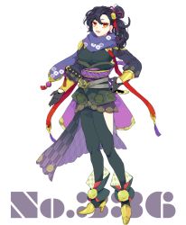 Rule 34 | 1girl, black gloves, black hair, black legwear, blue scarf, boots, breasts, creatures (company), floral print, full body, game freak, gen 3 pokemon, gloves, highres, katana, long hair, looking at viewer, medium breasts, nintendo, personification, pokedex number, pokemon, scarf, seviper, sheath, sheathed, shioya (soooooolt), simple background, solo, standing, sword, weapon, white background