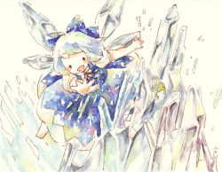 Rule 34 | cirno, embodiment of scarlet devil, flying, frog, hair ribbon, ice, kana komachi, no nose, outstretched arms, outstretched hand, painting (medium), ribbon, solo, touhou, traditional media, watercolor (medium), wings