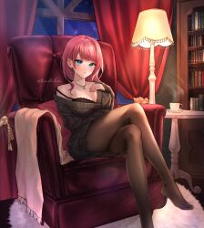 Rule 34 | 1girl, aran sweater, armchair, asahina akane (2nd costume) (nijisanji), asahina akane (nijisanji), black bra, black dress, blue eyes, blush, book, bookshelf, bra, breasts, brown pantyhose, cable knit, carpet, chair, commission, crossed legs, cup, curtains, dress, earrings, feet, foot out of frame, hand on own chest, highres, himachidori, indoors, jewelry, lamp, large breasts, legs, long hair, long legs, looking at viewer, necklace, night, nijisanji, no shoes, off shoulder, official alternate costume, pantyhose, pillow, red hair, saucer, single bare shoulder, sitting, solo, strap slip, sweater, sweater dress, swept bangs, table, teacup, underwear, virtual youtuber, window