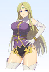 Rule 34 | 1girl, angry, blonde hair, blue eyes, bracelet, breasts, circlet, closed mouth, dress, elbow gloves, gloves, gluteal fold, green eyes, hand on own hip, highres, jewelry, large breasts, long hair, looking at viewer, murata tefu, mystina (valkyrie profile), purple dress, simple background, skirt, solo, standing, thighhighs, valkyrie profile (series), white background, white thighhighs