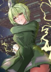 Rule 34 | 1girl, absurdres, arm up, blurry, breasts, commentary request, depth of field, dress, electricity, green dress, green eyes, green hair, hair between eyes, hat, highres, large breasts, long sleeves, night, outdoors, parted lips, short hair, smile, soga no tojiko, solo, takana (forsterite), tate eboshi, teeth, temple, touhou