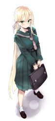 1girl absurdres bag belt blonde_hair blush briefcase female_focus full_body green_eyes green_sailor_collar green_serafuku grey_neckwear hair_ribbon hanasaka_houcha high-waist_skirt highres holding holding_bag loafers long_hair long_sleeves looking_at_viewer neckerchief necktie original pleated_skirt ribbon sailor_collar school_uniform serafuku shadow shirt_tucked_in shoes simple_background skirt socks solo standing very_long_hair white_background