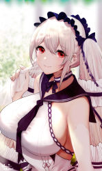 Rule 34 | 1girl, absurdly long hair, artist name, azur lane, bare shoulders, black neckwear, black sailor collar, bow, dress bow, breasts, clothing cutout, detached sleeves, dress, dress bow, dress flower, feather dress, formidable (azur lane), formidable (timeless classics) (azur lane), hachimitsu hinako, hair ornament, huge breasts, long hair, looking at viewer, official alternate costume, platinum blonde hair, red eyes, sailor collar, smile, solo, twintails, two-tone dress, two-tone ribbon, veil, very long hair, white dress