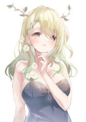 Rule 34 | 1girl, antlers, bare arms, bare shoulders, braid, braided bangs, breasts, ceres fauna, commentary, dress, english commentary, green eyes, green hair, hand on own chin, highres, hololive, hololive english, horns, large breasts, looking at viewer, oggu (neoguloliko), parted lips, simple background, single braid, skin tight, solo, strapless, strapless dress, upper body, virtual youtuber, white background