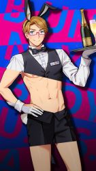Rule 34 | 1boy, abs, ahoge, america (hetalia), animal ears, axis powers hetalia, beer bottle, black bow, black bowtie, blonde hair, blue eyes, blush, bottle, bow, bowtie, cup, drinking glass, fake animal ears, fake tail, glasses, gloves, hand on own hip, holding, holding tray, male focus, male playboy bunny, name tag, navel, nipples, pectorals, revealing layer, shiny skin, sweatdrop, tail, to@st, tray, underpec, white gloves, wine bottle, wine glass