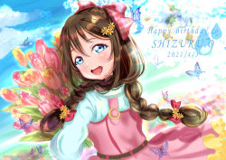 Rule 34 | 1girl, alternate hairstyle, aqua eyes, artist name, artist request, belt, blue butterfly, blue eyes, blue sky, blush, bow, breasts, brown belt, brown hair, bug, butterfly, checkered bow, checkered clothes, cloud, cowboy shot, day, female focus, flower, from behind, hair between eyes, hair flower, hair ornament, hait bow, holding, holding flower, insect, long braid, long hair, long sleeves, looking at viewer, looking back, love live!, love live! nijigasaki high school idol club, love live! school idol festival, minami yuka (kimikoko thanks), multicolored flower, osaka shizuku, outdoors, parted lips, pink skirt, ponytail, puffy long sleeves, puffy sleeves, red bow, shirt, skirt, sky, smile, solo, teeth, twintails, white shirt, yellow flower