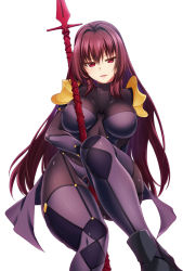 Rule 34 | 1girl, armor, bodysuit, breasts, covered navel, fate/grand order, fate (series), gae bolg (fate), holding, holding weapon, large breasts, long hair, looking at viewer, miyashiro sousuke, pauldrons, polearm, purple bodysuit, purple hair, red eyes, scathach (fate), scathach (fate), shoulder armor, solo, spear, weapon