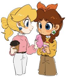 2girls alternate_costume alternate_hairstyle baggy_pants belt black_belt blonde_hair blue_eyes blush_stickers brown_belt brown_hair brown_nails brown_pants crepe cup dark-skinned_female dark_skin disposable_coffee_cup disposable_cup earrings flower_earrings food food_on_face hair_ribbon highres holding holding_cloth holding_food jewelry looking_at_another mario_(series) mimimi_(mimimim9999) multiple_girls nintendo orange_sweater pants pink_nails pink_sweater princess_daisy princess_peach red_ribbon ribbon simple_background sphere_earrings sweater updo white_background white_pants