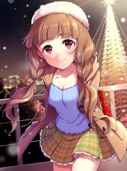 Rule 34 | 10s, 1girl, alternate hairstyle, arms behind back, bad id, bad twitter id, blush, brown hair, christmas, christmas lights, christmas tree, cityscape, gift, idolmaster, idolmaster cinderella girls, idolmaster cinderella girls starlight stage, jewelry, kamiya nao, leaning forward, red hair, skirt, smile, snow, solo, thick eyebrows, twintails, winter clothes, zattape