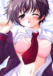 Rule 34 | 1girl, artist request, bed sheet, blush, bra, brown eyes, brown hair, clothes lift, corpse party, lying, nakashima naomi, navel, on back, open clothes, school uniform, shirt lift, short hair, tears, underwear, wince