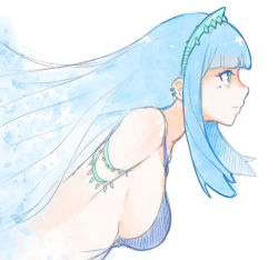 Rule 34 | 1girl, akairiot, armlet, bare shoulders, blue hair, blue theme, blunt bangs, breasts, closed mouth, earrings, facepaint, from side, hairband, jewelry, large breasts, light smile, long hair, looking afar, original, profile, sideboob, sidelocks, simple background, sketch, smile, solo, upper body, white background
