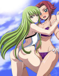Rule 34 | 00s, 2girls, :o, ass, assisted exposure, back, between legs, bikini, blue eyes, blush, breasts, c.c., casual one-piece swimsuit, cleavage, cloud, code geass, collarbone, cowboy shot, day, embarrassed, expressionless, flipped hair, from side, green hair, groin, highleg, highleg swimsuit, isse, kouzuki kallen, large breasts, leg between thighs, legs apart, lens flare, long hair, looking at viewer, looking back, lowleg, lowleg bikini, multiple girls, navel, one-piece swimsuit, one-piece thong, open mouth, outdoors, panties, purple bikini, red hair, short hair, side-tie bikini bottom, sidelocks, sky, strap slip, string bikini, sun, surprised, sweatdrop, swimsuit, thighs, thong, underboob, underwear, very long hair, wardrobe malfunction, white one-piece swimsuit, yellow eyes, yuri