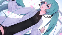 Rule 34 | 1girl, aqua eyes, aqua hair, black shirt, black thighhighs, breasts, cherry blossoms, dutch angle, hair between eyes, hatsune miku, jacket, long hair, long sleeves, medium breasts, open clothes, open jacket, open mouth, petals, shirt, smile, solo, thighhighs, twintails, upper body, vocaloid, white jacket, zhayin-san