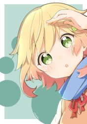 Rule 34 | 1girl, bafarin, blonde hair, blue scarf, flower, gabriel dropout, green eyes, hair flower, hair ornament, highres, looking at viewer, parted lips, portrait, red neckwear, red ribbon, ribbon, scarf, school uniform, shirt, short hair, solo, sweater vest, tapris chisaki sugarbell, white shirt