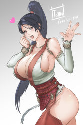 Rule 34 | 1girl, bare shoulders, black hair, breasts, cleavage, clenched hand, dead or alive, detached sleeves, heart, high ponytail, highres, hip vent, japanese clothes, large breasts, long hair, momiji (ninja gaiden), open mouth, orange eyes, pants, ponytail, red pants, rope, solo, tecmo, thighs, tomo eokaiteru, waving