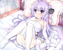 Rule 34 | 1girl, ahoge, azur lane, bare shoulders, bed, biting, black ribbon, blush, breasts, cameltoe, collarbone, commentary request, dress, elbow gloves, finger biting, gloves, hair between eyes, hair bun, hair ribbon, halterneck, long hair, looking at viewer, lying, medium breasts, no shoes, nose blush, on back, on bed, one side up, panties, pillow, purple eyes, purple hair, ribbon, side bun, sidelocks, single hair bun, single side bun, solo, stuffed animal, stuffed pegasus, stuffed toy, stuffed winged unicorn, tears, thighhighs, underwear, unico kasumi, unicorn (azur lane), very long hair, white dress, white gloves, white panties, white thighhighs