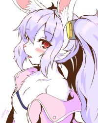 Rule 34 | animal ear fluff, animal ears, azur lane, camisole, collarbone, furry, furry female, highres, jacket, laffey (azur lane), off shoulder, ooba jun, pink jacket, purple hair, rabbit, rabbit ears, rabbit girl, red eyes, silver hair, simple background, solo, twintails, white background, white fur