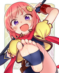 Rule 34 | 1girl, :d, belt, blush, cat hair ornament, chouhi, cropped jacket, fang, feet, female focus, fingerless gloves, foot focus, fujiuri, gloves, hair ornament, holding, holding weapon, kicking, koihime musou, looking at viewer, open mouth, pink hair, polearm, pov foot, puffy short sleeves, puffy sleeves, purple eyes, scarf, short sleeves, smile, solo, toeless footwear, toes, weapon