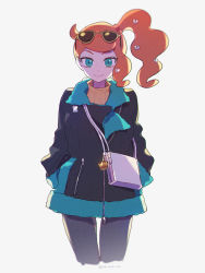 Rule 34 | 1girl, alternate costume, bag, closed mouth, commentary request, creatures (company), eyelashes, eyewear on head, game freak, green eyes, hair ornament, handbag, hands in pockets, heart, heart hair ornament, highres, long hair, long sleeves, looking at viewer, mayuzumi, nintendo, orange hair, pokemon, pokemon swsh, side ponytail, smile, solo, sonia (pokemon), sunglasses, white background, zipper pull tab
