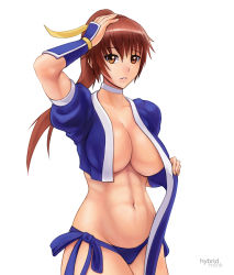 Rule 34 | 1girl, abs, artist name, breasts, brown eyes, brown hair, choker, dead or alive, hair ribbon, hybridmink, kasumi (doa), long hair, navel, open clothes, ponytail, ribbon, simple background, solo, tecmo, white background