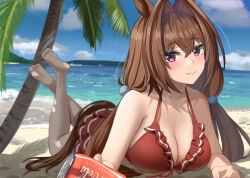 Rule 34 | 1girl, absurdres, aimi (tikichin0229), animal ears, antenna hair, barefoot, beach, bikini, bikini skirt, blue sky, blush, breasts, brown hair, can, cleavage, cloud, cloudy sky, coca-cola, commentary request, daiwa scarlet (trifle vacation) (umamusume), daiwa scarlet (umamusume), drink can, fang, feet up, frilled bikini, frills, hair between eyes, hair intakes, highres, holding, holding can, horse ears, horse girl, horse tail, looking at viewer, low twintails, lying, medium breasts, ocean, official alternate costume, official alternate hairstyle, on stomach, outdoors, palm tree, pink eyes, red bikini, sky, smile, soda can, solo, swimsuit, tail, the pose, tree, twintails, umamusume