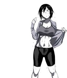 Rule 34 | 1girl, abs, bike shorts, black hair, breasts, female focus, greyscale, highres, hitomi-chan wa hitomishiri, hot, jacket, large breasts, midriff, monochrome, open clothes, open jacket, short hair, solo, solo focus, sports bra, sweat, takano hitomi, thighs, tomboy, white background