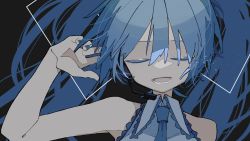 Rule 34 | 1girl, absurdres, arm up, armpits, bare arms, black background, blue hair, blue nails, blue necktie, close-up, closed eyes, commentary request, frilled shirt, frills, grey shirt, hatsune miku, highres, long hair, lower teeth only, music, nail polish, necktie, open mouth, shiro kuro (shirokuro 3939), shirt, simple background, singing, sleeveless, sleeveless shirt, solo, teeth, tongue, twintails, upper body, vocaloid