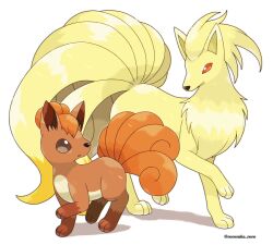 animal_focus brown_eyes commentary_request creatures_(company) evolutionary_line game_freak gen_1_pokemon highres multiple_tails ninetales nintendo no_humans open_mouth pokemon pokemon_(creature) red_eyes rorosuke simple_background smile standing tail twitter_username vulpix white_background