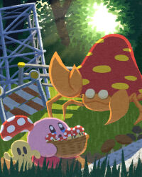 Rule 34 | basket, blue eyes, blush stickers, bush, cappy (kirby), crab, creatures (company), forest, game freak, gen 1 pokemon, grass, highres, holding, holding basket, kirby, kirby (series), light, miclot, mushroom, nature, nintendo, no humans, open mouth, outdoors, parasect, pink footwear, pokemon, pokemon (creature), shoes, tree