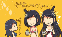 Rule 34 | 10s, 3girls, ahoge, bikini, bikini top only, black hair, brain freeze, breasts, chibi, cleavage, closed eyes, comic, commentary request, food, fusou (kancolle), hair ornament, kantai collection, large breasts, long hair, multiple girls, musical note, navel, one-piece swimsuit, orange background, polka dot, polka dot swimsuit, quaver, saiguchi otoufu, shaved ice, short hair, smile, spoon, swimsuit, translated, ushio (kancolle), yamashiro (kancolle)