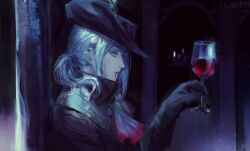 Rule 34 | 1girl, alcohol, artist name, ascot, black gloves, black hat, bloodborne, closed mouth, cup, dark room, from side, gloves, grey ascot, grey hair, hand up, hat, highres, holding, holding cup, indoors, keibleh, lady maria of the astral clocktower, long sleeves, ponytail, profile, red ascot, solo, tricorne, wine