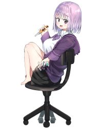 Rule 34 | 1girl, :d, absurdres, black skirt, blush, bow, boxcutter, breasts, chair, collared shirt, full body, gridman universe, highres, holding, hood, hood down, hooded jacket, jacket, long sleeves, looking at viewer, looking to the side, medium breasts, nail polish, office chair, on chair, open clothes, open jacket, open mouth, pink hair, pink nails, pleated skirt, purple bow, purple eyes, purple jacket, ranf, shinjou akane, shirt, simple background, sitting, skirt, sleeves past wrists, smile, solo, ssss.gridman, swivel chair, white background, white shirt