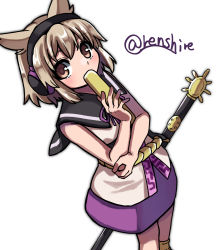 Rule 34 | 1girl, anklet, arms under breasts, bare shoulders, belt, blush, brown eyes, covering own mouth, earmuffs, feet out of frame, from above, hand up, highres, holding, holding stick, jewelry, light brown hair, looking at viewer, one-hour drawing challenge, outer glow, pointy hair, purple ribbon, purple skirt, renshirenji, ribbon, ritual baton, sailor collar, sheath, sheathed, shirt, short hair, simple background, skirt, sleeveless, sleeveless shirt, solo, stick, sword, touhou, toyosatomimi no miko, weapon, white background, white shirt