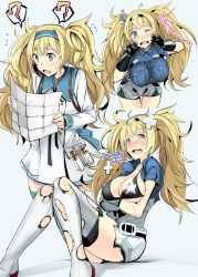 Rule 34 | 1girl, ?, ??, bandages, blonde hair, blue eyes, blue shirt, bra, breast pocket, breasts, burnt clothes, collared shirt, gambier bay (kancolle), gin&#039;ichi (akacia), gloves, hair between eyes, kantai collection, large breasts, long hair, long sleeves, map, one eye closed, open mouth, pocket, shirt, sidelocks, tears, thighhighs, torn clothes, twintails, underwear, white shirt, white thighhighs