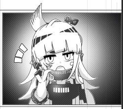 Rule 34 | 1girl, and uge, bane mk-2, binary, blunt bangs, circle facial mark, finger counting, flipped hair, greyscale, halftone, hand up, highres, long hair, looking at viewer, medium bangs, monochrome, nanashi inc., notice lines, open mouth, solo, thick eyebrows, upper body, virtual youtuber, winding key