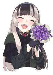 Rule 34 | 1girl, black choker, black hair, blunt bangs, blush, bouquet, choker, closed eyes, commentary request, cropped torso, dress, flower, gothic lolita, green dress, grey hair, happy, highres, holding, holding bouquet, hololive, hololive dev is, juufuutei raden, korutesu, lace, lace choker, lolita fashion, long hair, long sleeves, multicolored hair, open mouth, purple flower, simple background, smile, solo, teeth, two-tone hair, upper teeth only, virtual youtuber, white background
