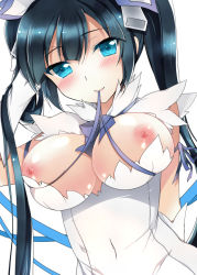 Rule 34 | 10s, 1girl, bad id, bad pixiv id, bare shoulders, black hair, blue eyes, blush, breasts, breasts out, bursting breasts, dress, dungeon ni deai wo motomeru no wa machigatteiru darou ka, female focus, gloves, hestia (danmachi), ichiyou moka, impossible clothes, large breasts, long hair, looking at viewer, mouth hold, nipples, out of frame, rei no himo, skindentation, smile, solo, twintails, white dress, white gloves