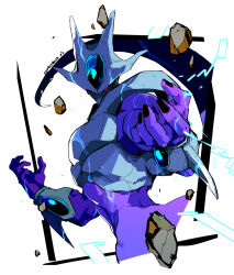 Rule 34 | 1boy, alien, black nails, colored skin, cooler (dragon ball), covered mouth, dragon ball, dragonball z, energy, fifth form (dragon ball), highres, kokusoji, looking at viewer, male focus, muscular, muscular male, no humans, purple skin, red eyes, rock, simple background, solo, twitter username, white background