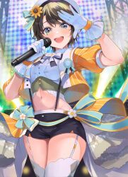 Rule 34 | 1girl, :d, aqua eyes, beret, brown hair, crop top, cropped jacket, flower, garter straps, gloves, hair flower, hair ornament, hat, highres, hololive, idol, looking at viewer, microphone, midriff, navel, omoti (1201208), oozora subaru, oozora subaru (starlight), open mouth, short hair, shorts, smile, solo, stage lights, sunflower, sunflower hair ornament, suspender shorts, suspenders, thighhighs, virtual youtuber, white gloves, white thighhighs