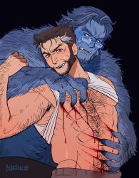 2boys abs arm_hair armpit_hair armpit_hair_peek bara beard beast_(x-men) black_background blood_on_body blue_fur blue_hair brown_hair buksillee chest_hair claws commentary english_commentary ero_guro facial_hair fangs furry furry_male glasses guro highres injury looking_at_another male_focus marvel mature_male multicolored_hair multiple_boys muscular muscular_male open_mouth pectorals signature smile sweatdrop tank_top topless_male veins veiny_arms white_hair white_tank_top wolverine_(x-men) x-men yaoi